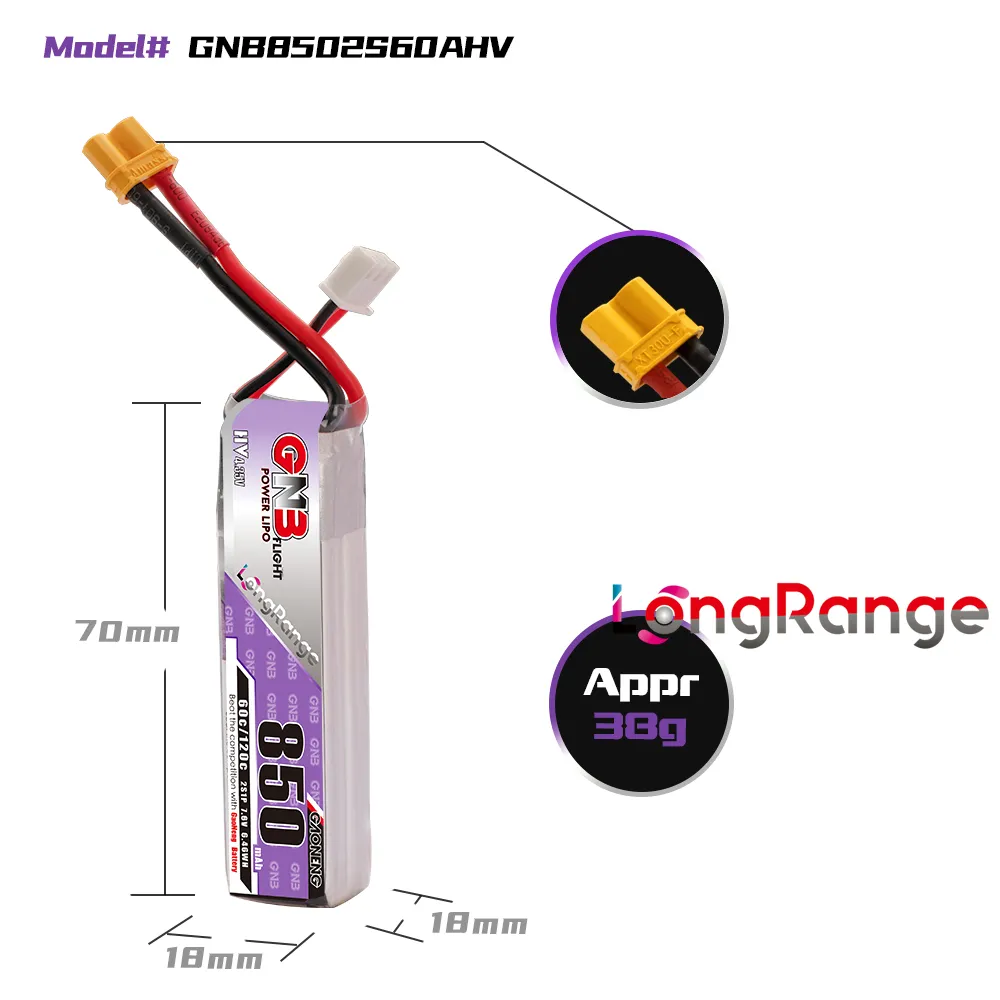 ガオネン GNB リポバッテリー 850mAh 2S 7.6 - Drone Kit Racing のレビューと価格